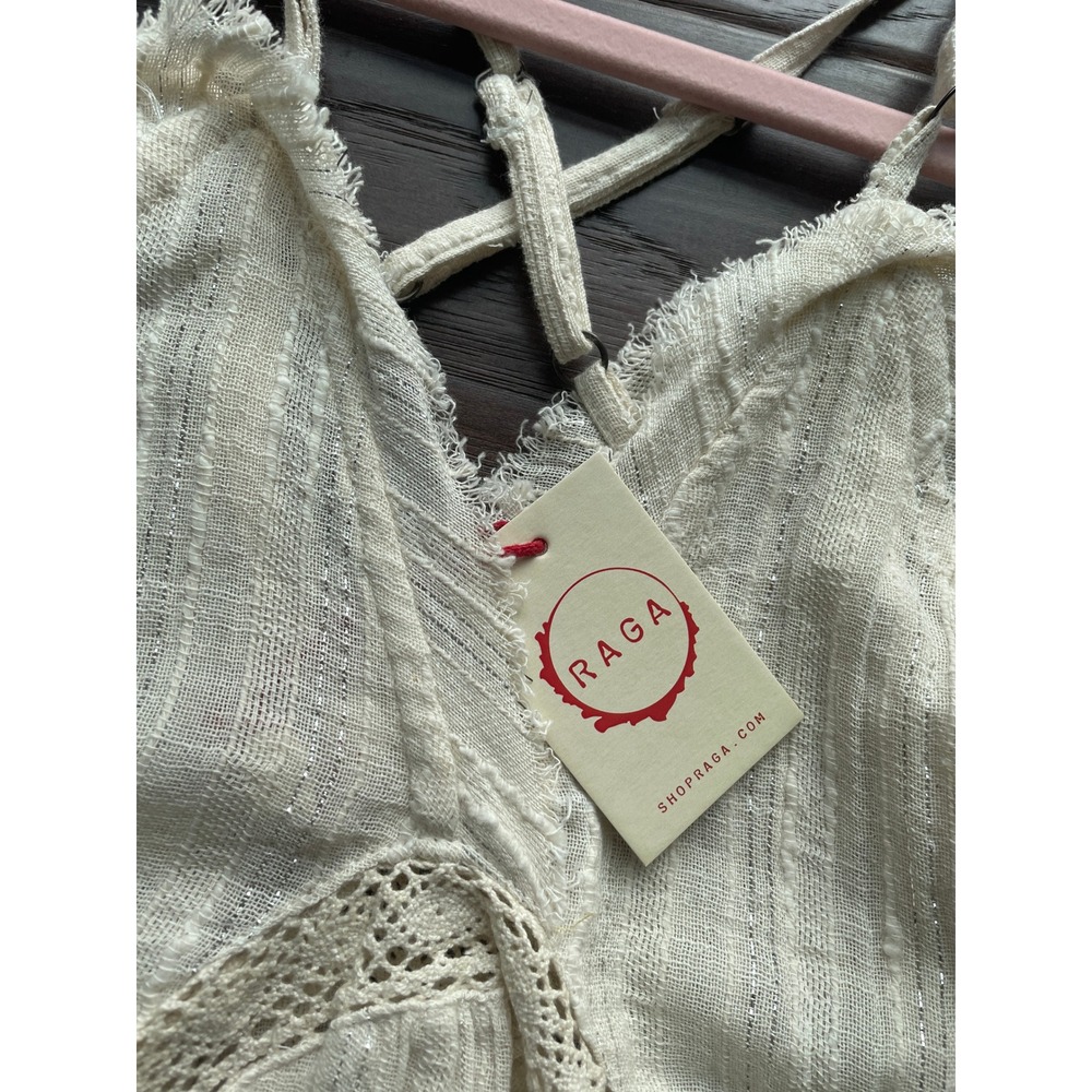RAGA Ivory Metallic Gauze Babydoll Mini Dress Lace Trim Criss Cross Back NWT‎ XS - Picture 4 of 6